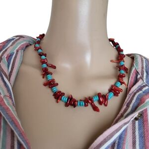 Red Coral & Turquoise Beaded Chip Necklace